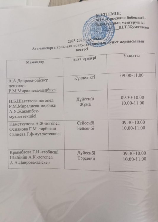 Консультациялық пункт кестесі