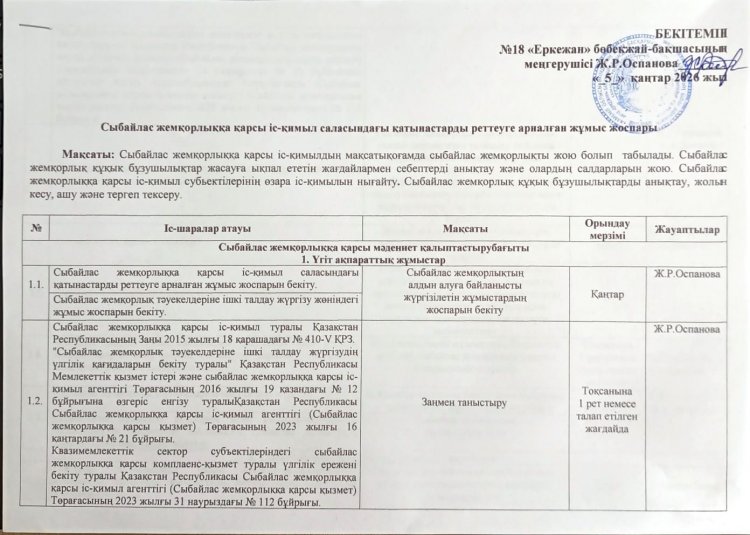 Сыбайлас жемқорлыққа қарсы іс-қимыл саласындағы қатынастарды реттеуге арналған жұмыс жоспары
