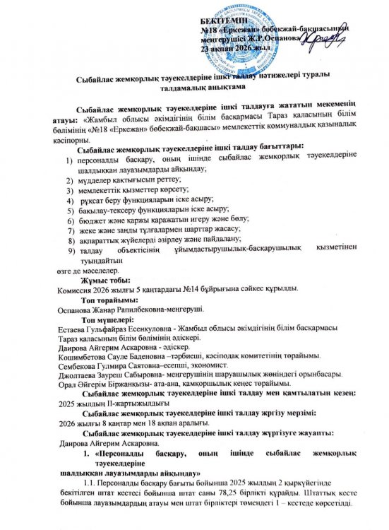 Сыбайлас жемқорлық тәуекелдеріне ішкі талдау нәтижелері туралы талдамалық анықтама